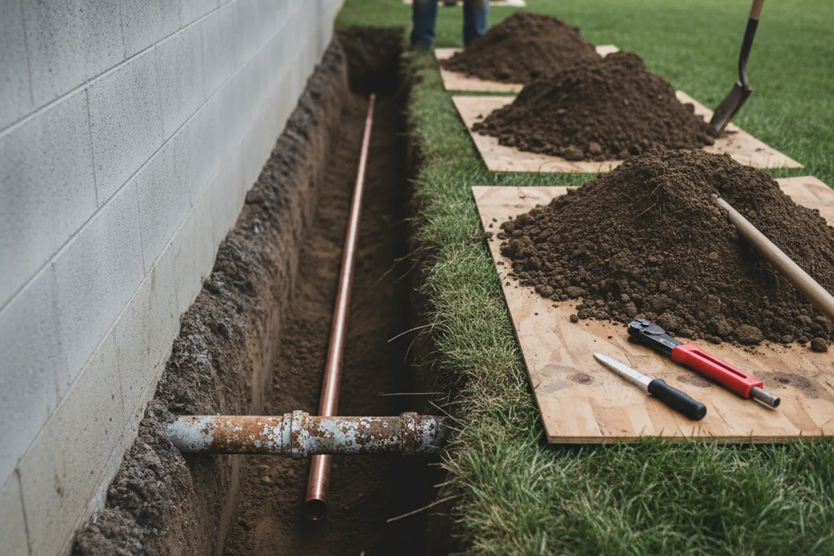 Excavated water line trench during Water Heater Repair in Albia